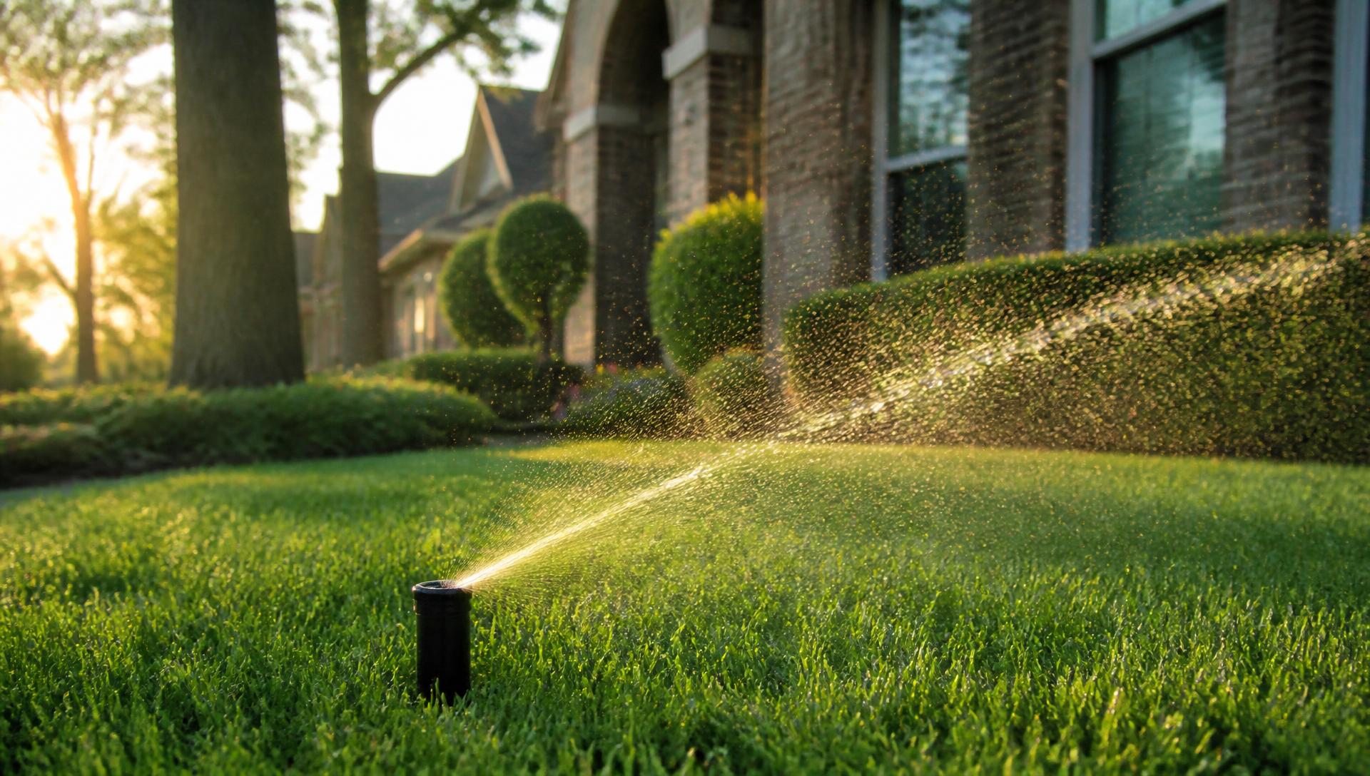 Sprinkler head watering a green Texas lawn at sunset