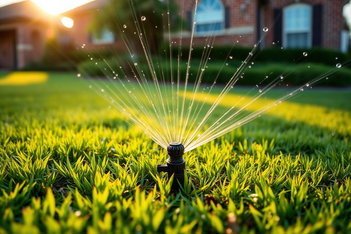Rotor sprinkler head watering a St. Augustine lawn in Buda, TX (Hays County)