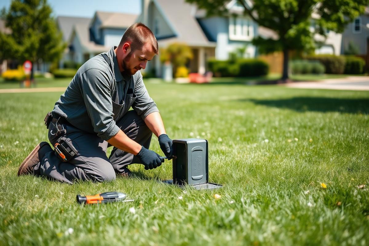 Technician testing an irrigation valve box at a Conroe, TX home in Montgomery County